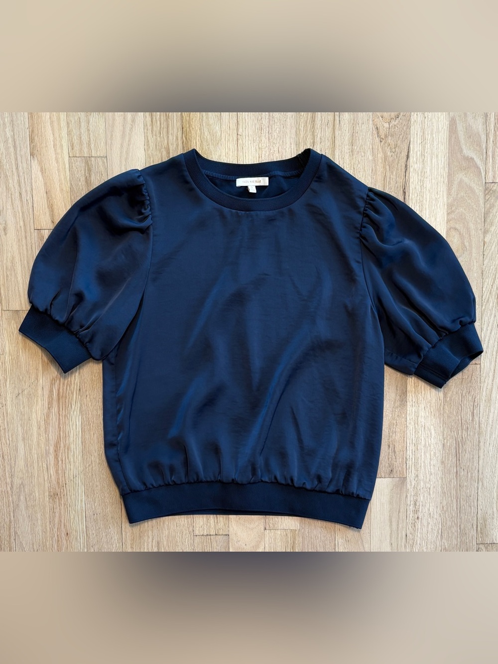 Skies Are Blue Anthropologie Pure Chic Bubble Sleeve Blouse Navy Blue Small S - Picture 2 of 6